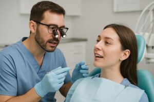 A dentist wearing loupes is examining a patient in a dental chair, using a small mirror and light to check their teeth. The dentist is explaining something to the patient, who is listening attentively. No text on the image.