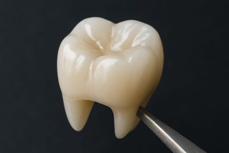 Image of a dentist placing a dental crown on a patient's prepared tooth. The dentist is using a dental instrument to carefully position the crown. The image should convey precision and care in the dental procedure, with the text overlay "Procedure for Dental Crown: Step-by-Step".