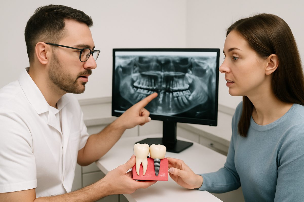 A dentist is consulting with a patient about dental implant options, pointing to a scan of their jaw. No text on the image.