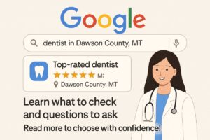Image of a person on their phone looking at Google search results for "dentist near me." The search results show a map and a list of dental practices with star ratings and reviews.