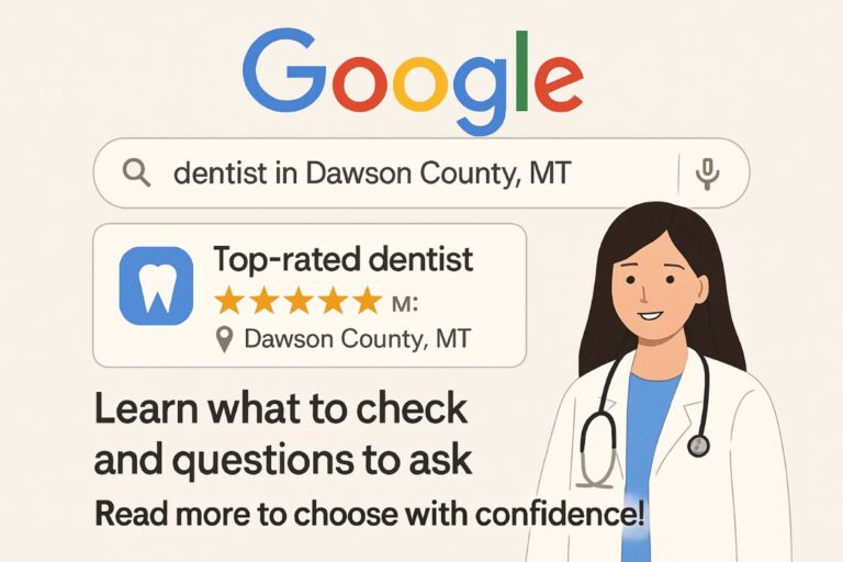 Image of a person on their phone looking at Google search results for "dentist near me." The search results show a map and a list of dental practices with star ratings and reviews.