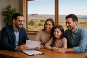 A friendly dental insurance agent sitting at a desk, reviewing paperwork with a young family in Dawson County, Montana. The office has a view of the Montana landscape. No text on the image.