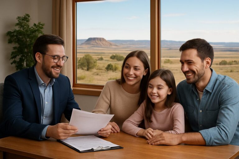 A friendly dental insurance agent sitting at a desk, reviewing paperwork with a young family in Dawson County, Montana. The office has a view of the Montana landscape. No text on the image.