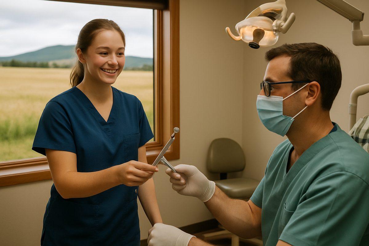 A smiling young dental assistant hands tools to a dentist in rural Montana, with fields visible through the clinic window. No text on image.