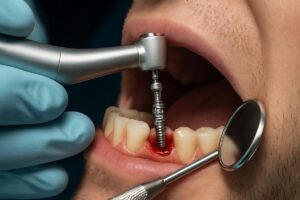 A close up of a dentist inserting a dental implant into a patient's molar extraction site, showcasing the precision and technology involved. No text on the image.