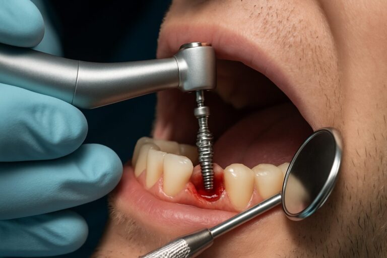 A close up of a dentist inserting a dental implant into a patient's molar extraction site, showcasing the precision and technology involved. No text on the image.
