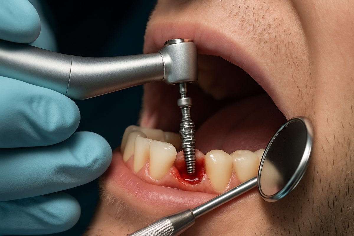 A close up of a dentist inserting a dental implant into a patient's molar extraction site, showcasing the precision and technology involved. No text on the image.