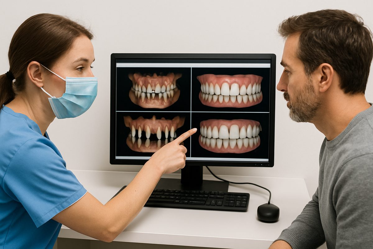 A dentist is carefully reviewing a digital plan for a full mouth reconstruction with a patient, using a computer screen to show detailed images of the planned procedure. The dentist points to specific areas on the screen to explain the treatment steps and expected outcomes. The patient listens attentively, demonstrating a collaborative approach to comprehensive dental care.