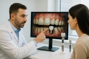 A dentist is pointing to a digital scan of a patient's mouth, explaining the single tooth implant procedure, with an implant and abutment displayed nearby. No text on the image.