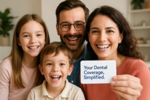 A happy family of four is smiling brightly; the mother is holding a dental insurance card. The text on the card says "Your Dental Coverage, Simplified."