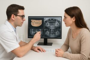 Image of a dentist consulting with a patient, reviewing digital scans and X-rays of the patient's mouth, pointing to areas of concern and explaining the proposed full mouth reconstruction treatment plan.