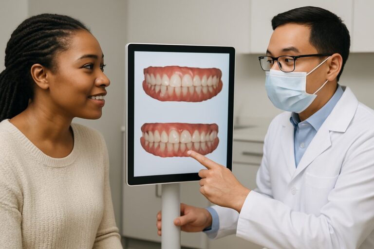 Image of a dentist holding digital scans of a patient's mouth, while consulting with the patient and pointing at the screen.