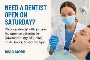 A dentist in protective gear examines a male patient’s teeth. Text reads: “Need a dentist open on Saturday? Discover dentist offices near me open on Saturday in Dawson County, MT, plus costs, hours, & booking tips. Read more.”.