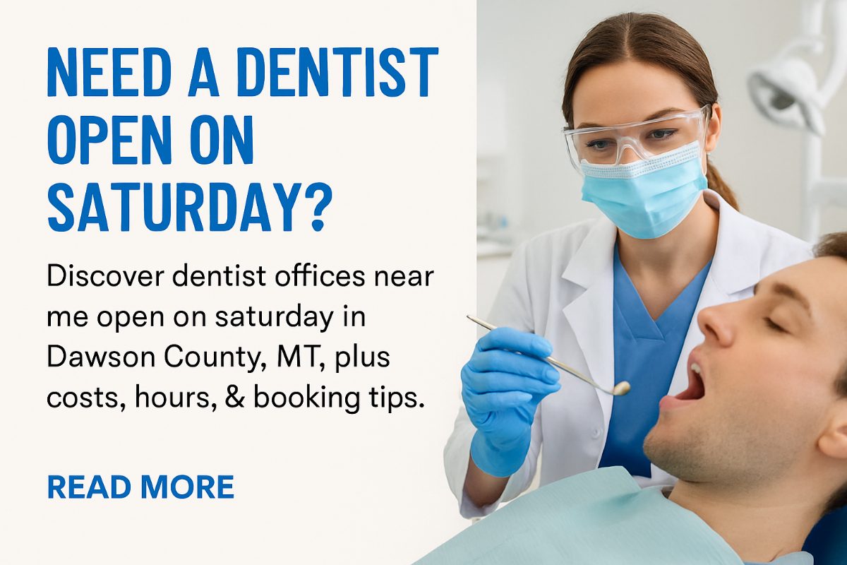 A dentist in protective gear examines a male patient’s teeth. Text reads: “Need a dentist open on Saturday? Discover dentist offices near me open on Saturday in Dawson County, MT, plus costs, hours, & booking tips. Read more.”.