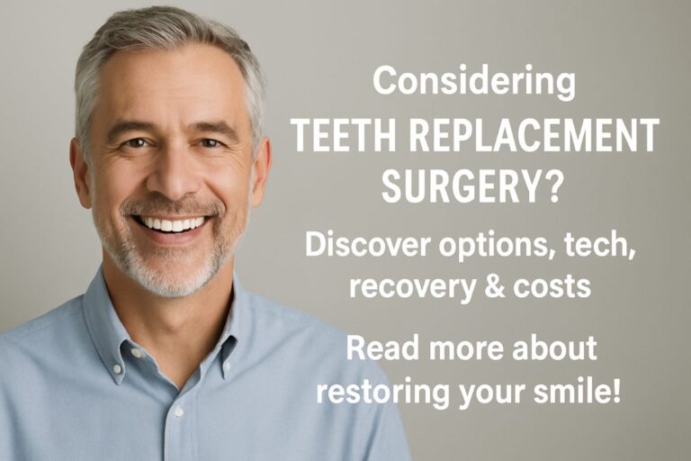 Photo of a dentist explaining teeth replacement surgery options to a patient using a digital display of a 3D scan of the patient's jaw. The dentist is pointing to specific areas of the scan while discussing the benefits of dental implants. No text on the image.