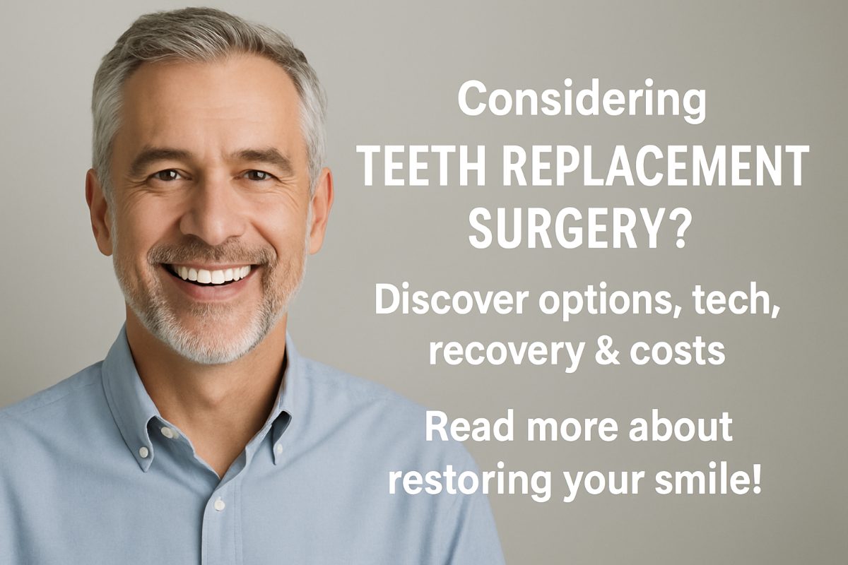 Photo of a dentist explaining teeth replacement surgery options to a patient using a digital display of a 3D scan of the patient's jaw. The dentist is pointing to specific areas of the scan while discussing the benefits of dental implants. No text on the image.