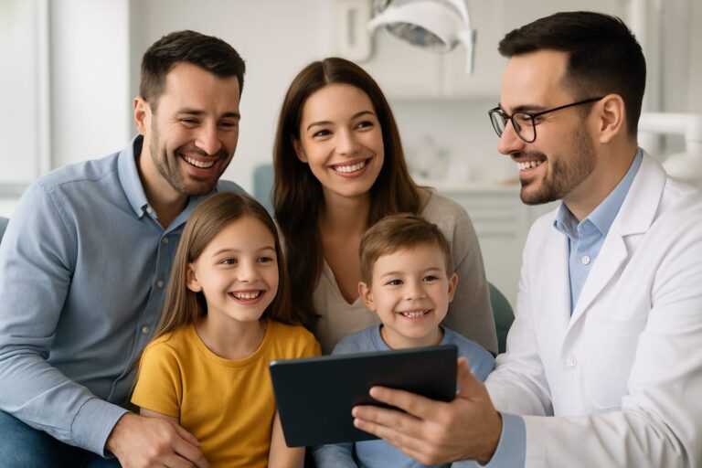 Smiling family of four in a dentist's office, with the dentist explaining their Dentatrust PPO plan on a tablet. No text on the image.