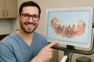 Close up of a dentist smiling and pointing to a 3D scan of dental implants, showcasing modern technology in Fallon County, MT. No text on the image.
