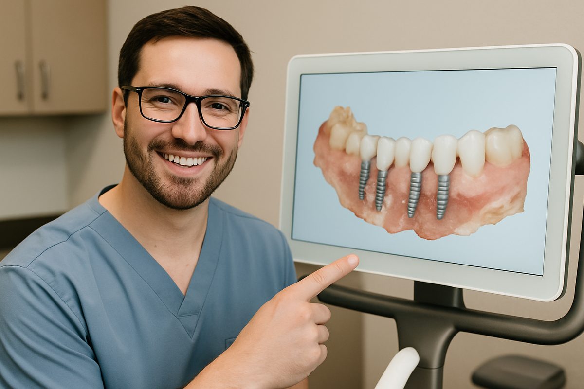 Close up of a dentist smiling and pointing to a 3D scan of dental implants, showcasing modern technology in Fallon County, MT. No text on the image.
