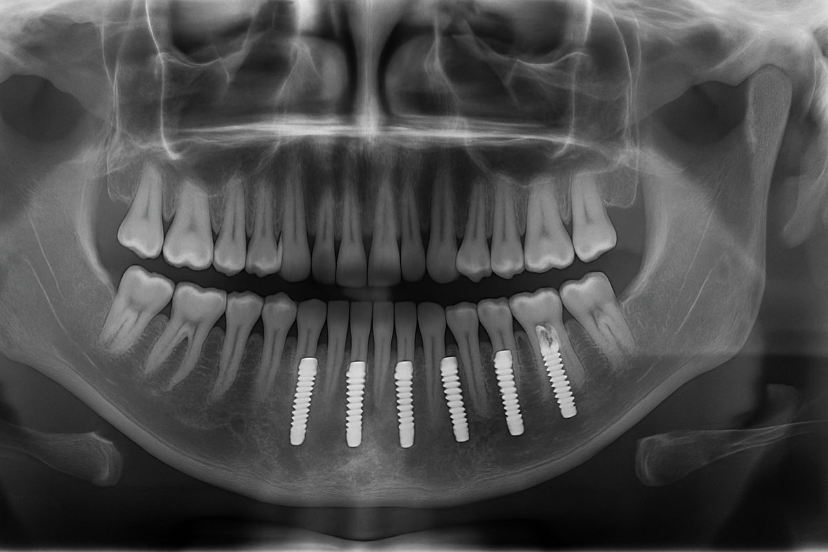 A panoramic x-ray showcasing dental implants successfully integrated into the jawbone, highlighting their structure and placement. No text on the image.