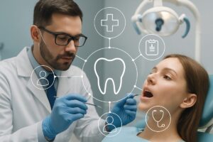 A dentist examining a patient, with an overlay of interconnected icons representing the relationship between dental health and overall medical health. No text on the image.