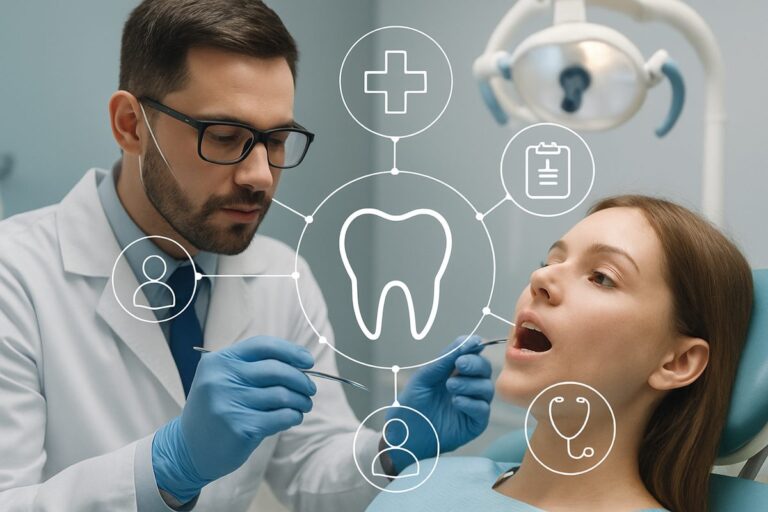 A dentist examining a patient, with an overlay of interconnected icons representing the relationship between dental health and overall medical health. No text on the image.