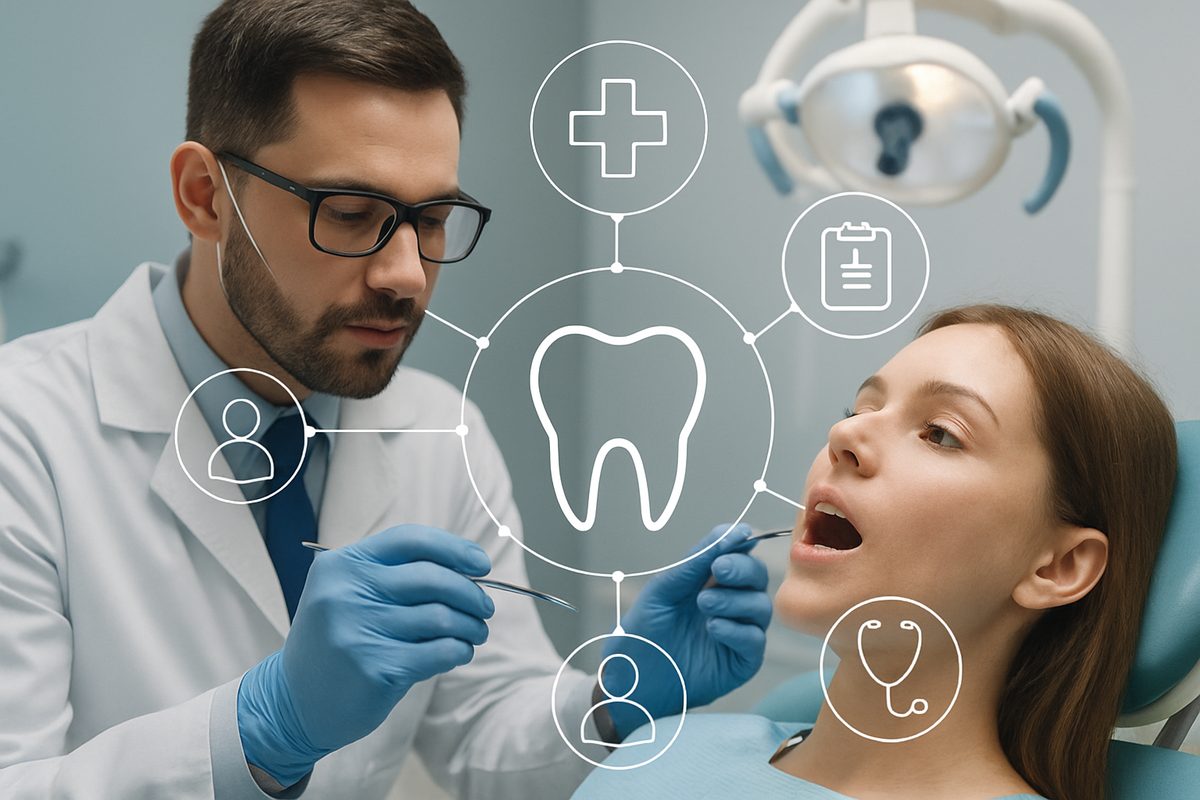 A dentist examining a patient, with an overlay of interconnected icons representing the relationship between dental health and overall medical health. No text on the image.