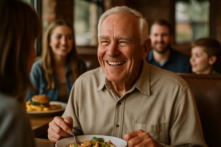 Photo of a smiling senior man in Fallon County, MT, post dental implant surgery, enjoying a meal with his family at a restaurant. The focus is on his confident smile, showcasing the natural look and functionality of the implants. No text on image.