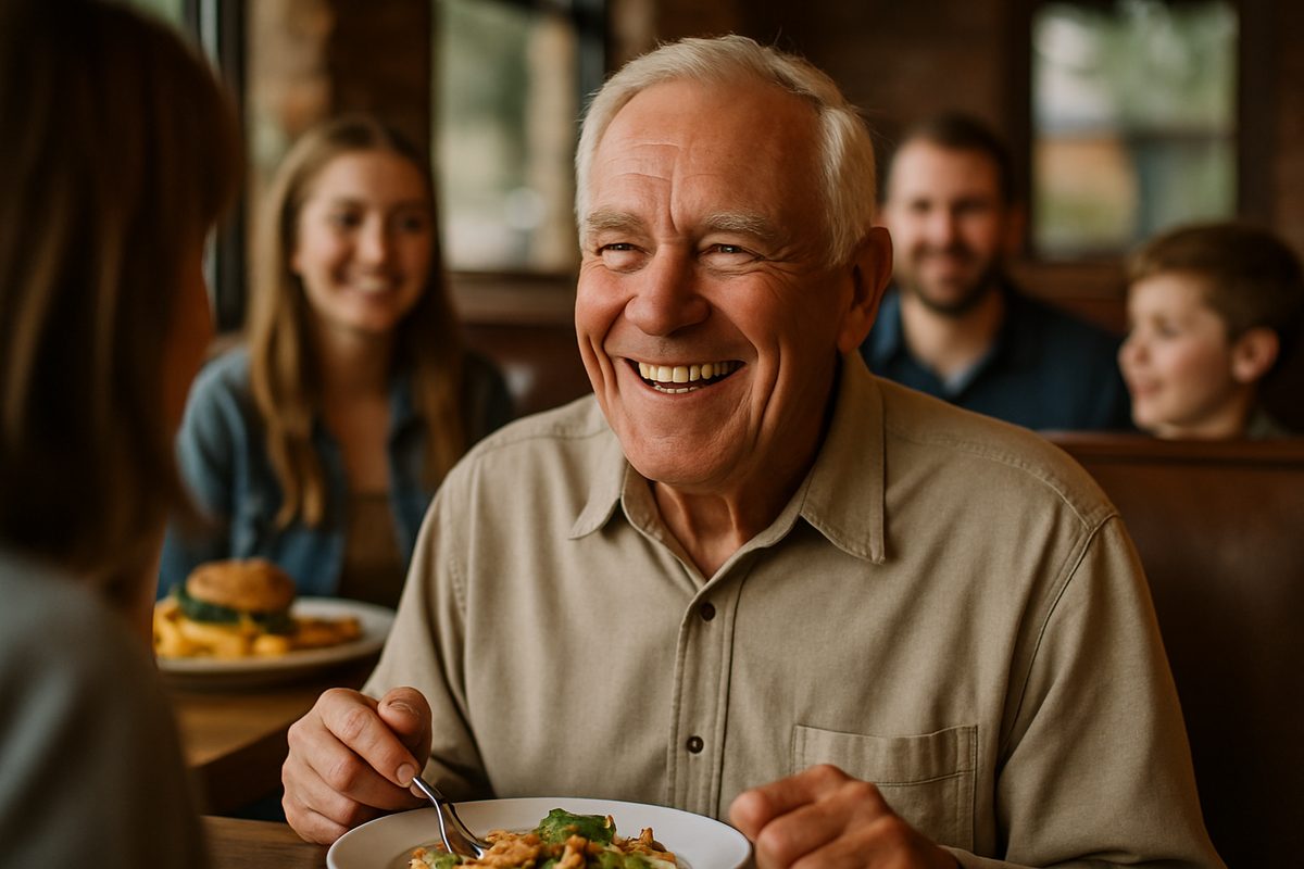 Photo of a smiling senior man in Fallon County, MT, post dental implant surgery, enjoying a meal with his family at a restaurant. The focus is on his confident smile, showcasing the natural look and functionality of the implants. No text on image.