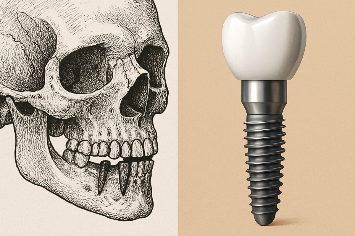 Image of an ancient skull with rudimentary dental implants next to a modern titanium dental implant. The image is split, with one side showing a black and white illustration of the ancient skull, and the other side showcasing a colored, detailed render of the modern implant. No text on image.