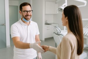 A friendly dentist is warmly greeting a new patient in a modern, clean dental office. No text on image.
