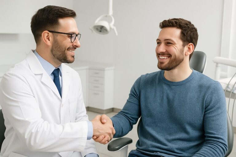 A friendly dentist is shaking hands with a new patient in a modern, clean dental office. The patient is smiling, and the dentist is wearing a professional lab coat. No text on image.