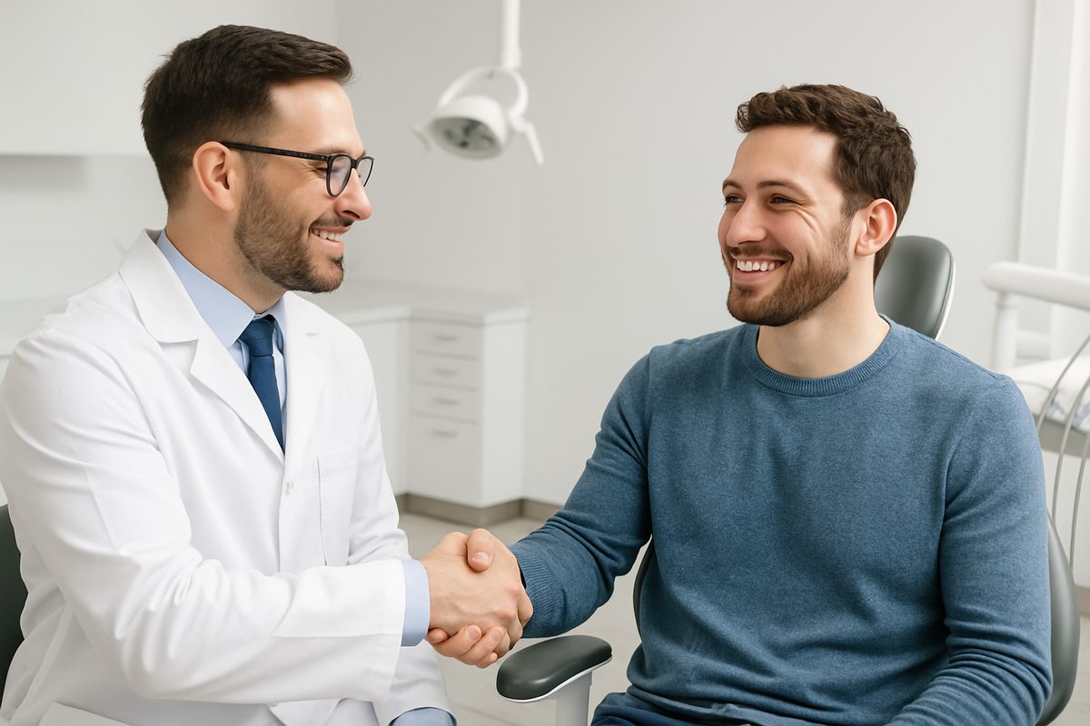 A friendly dentist is shaking hands with a new patient in a modern, clean dental office. The patient is smiling, and the dentist is wearing a professional lab coat. No text on image.