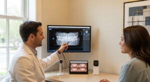 Dentist consulting with a patient about extension teeth in a modern dental office