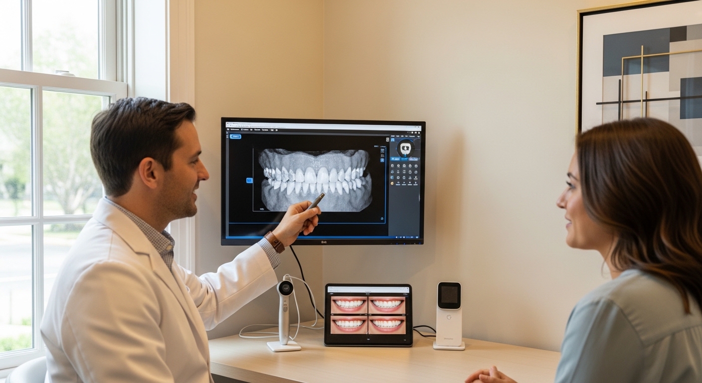 Dentist consulting with a patient about extension teeth in a modern dental office