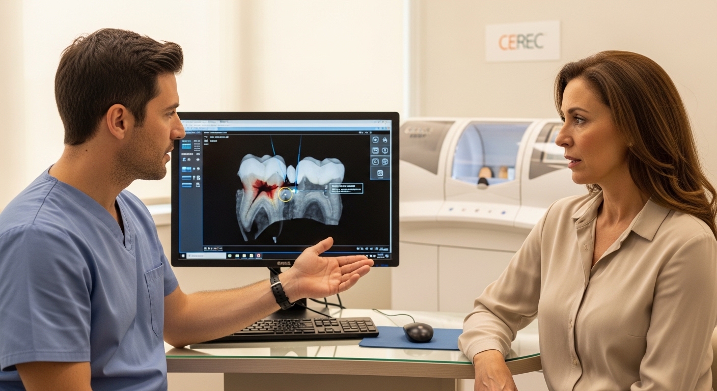 Dentist and patient discussing root canal symptoms during consultation