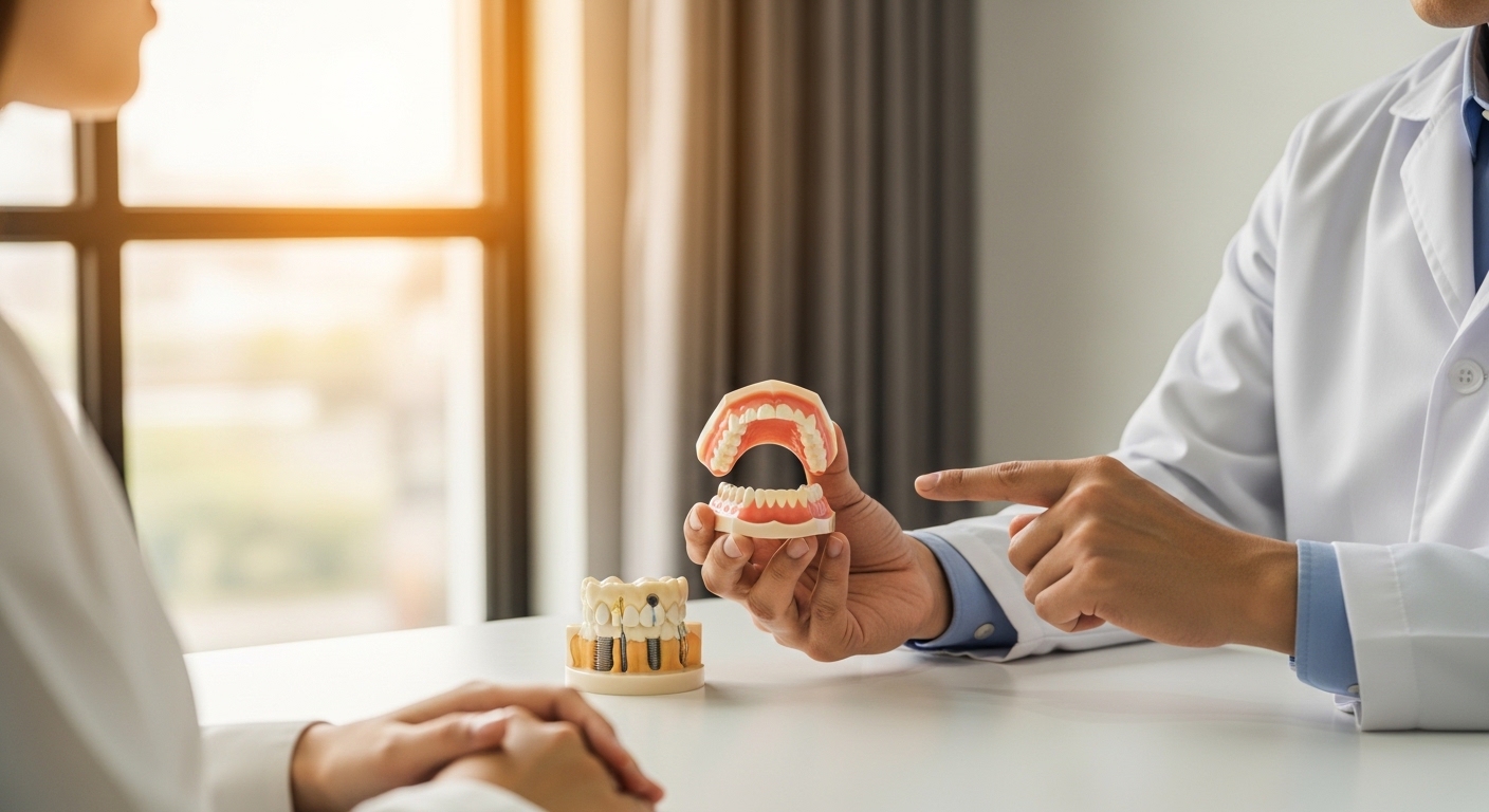 Dentist discussing dental implants and dentures with a patient
