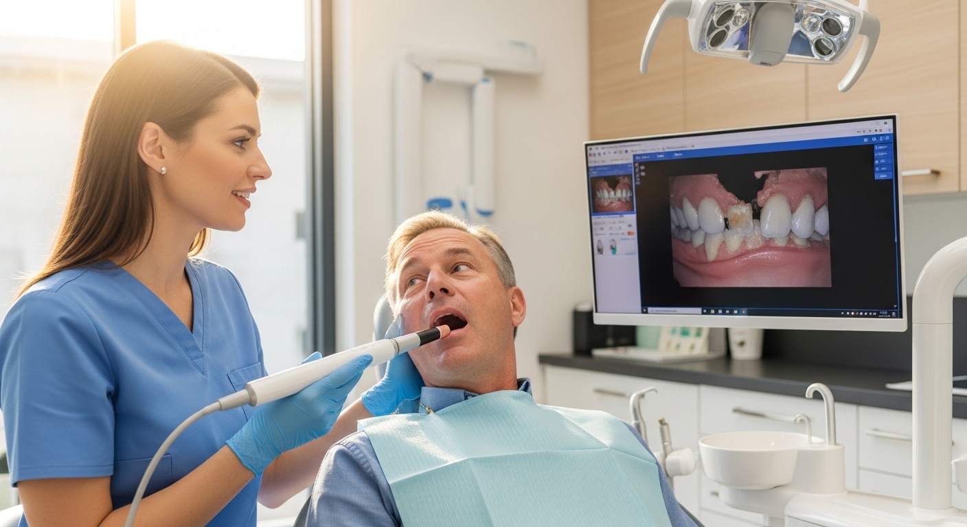 Dentist and patient discussing chipped tooth treatment options