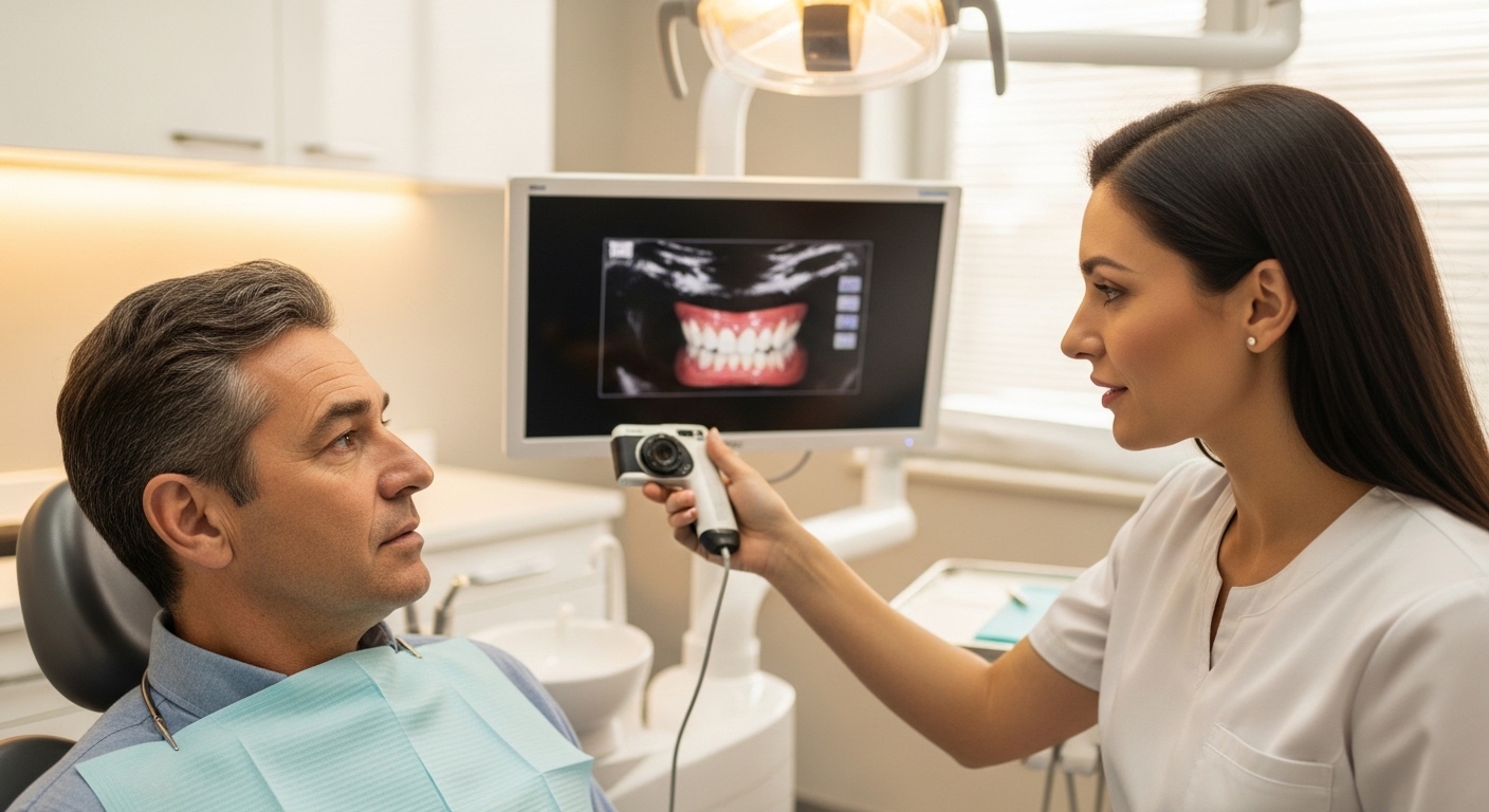 Patient consulting with dentist in modern office discussing dental emergencies
