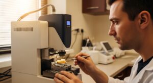 Dental technician using advanced technology for dental crown preparation