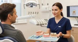 Dentist explaining dental cleaning vs deep cleaning