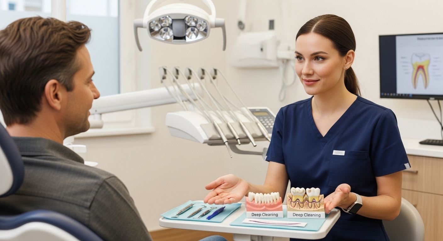 Dentist explaining dental cleaning vs deep cleaning