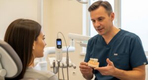 Dentist explaining crown preparation to patient with modern equipment