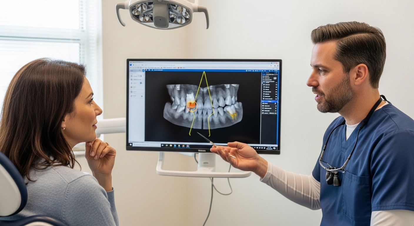 Patient consulting with dentist about the lifespan of dental crowns in a modern dental office.